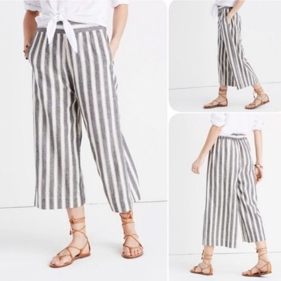 🔺️Madewell Cream & Blue Striped Huston Wide Leg Linen Pants XSmall - Picture 1 of 9